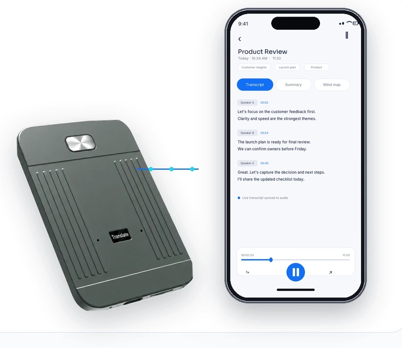 MeetIQ product animation illustrating a timestamped transcript